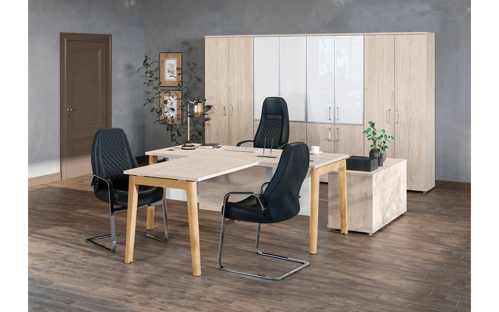 Мебель для персонала ONIX WOOD. Стол прямой на каркасе из массива дуба с брифингом