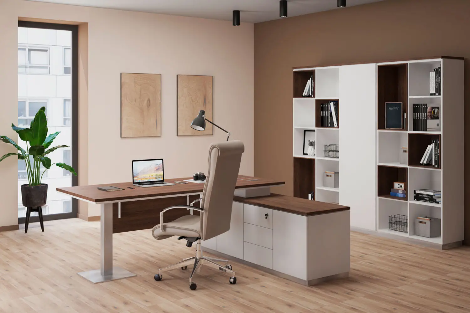 Кабинет руководителя CITY. Стол на опорной тумбе, стеллаж для документов