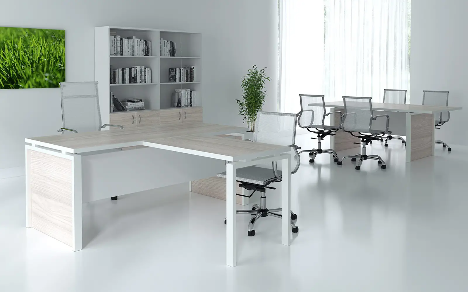 Кабинет руководителя STEEL EVO. Стол руководителя с брифингом. Дуб светлый