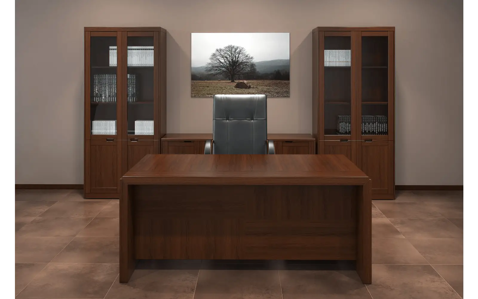 Кабинет руководителя СОРБОННА. Стол руководителя , шкафы для документов. Орех темный