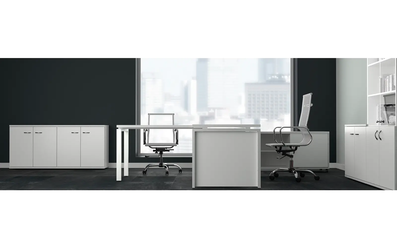 Кабинет руководителя STEEL EVO. Стол руководителя с брифингом, шкафной группой. Белый