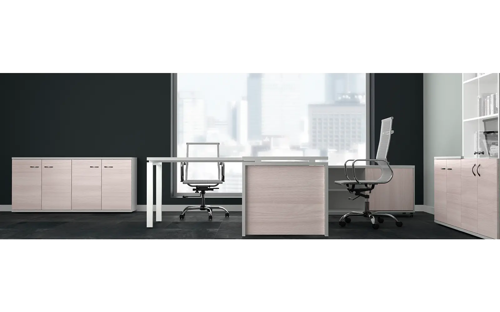 Кабинет руководителя STEEL EVO. Стол руководителя с брифингом, шкафной группой. Дуб светлый