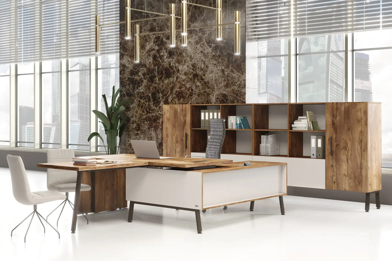 Кабинет руководителя LAVANA SUPREME. Стол руководителя с опорной тумбой, стеллаж