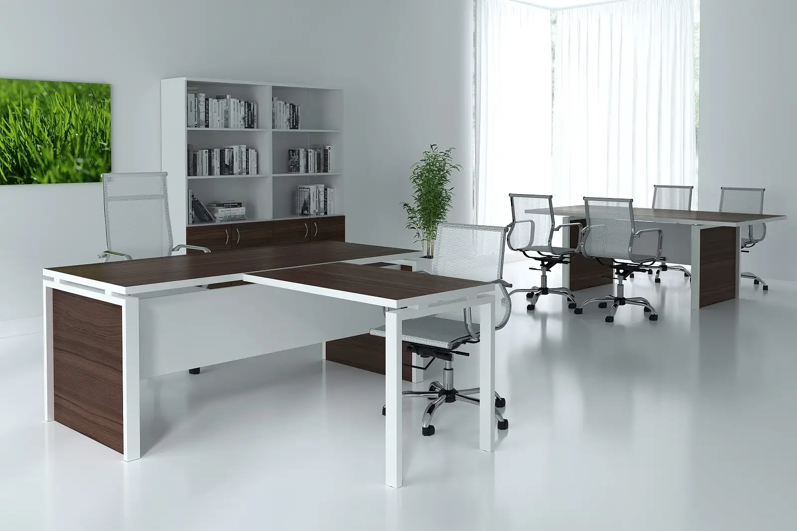 Кабинет руководителя STEEL EVO. Стол руководителя с брифингом. Дуб темный